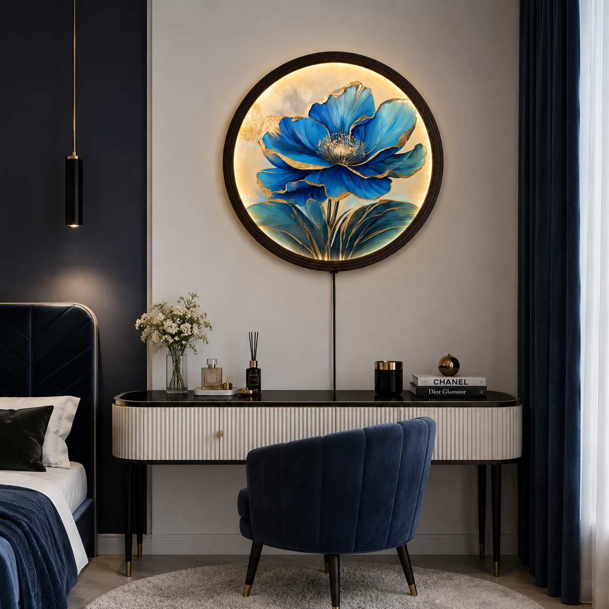 Blue Gold Floral LED Wall Art – Round Illuminated Flower Wall Decor with Wooden Frame | Modern Home Decor