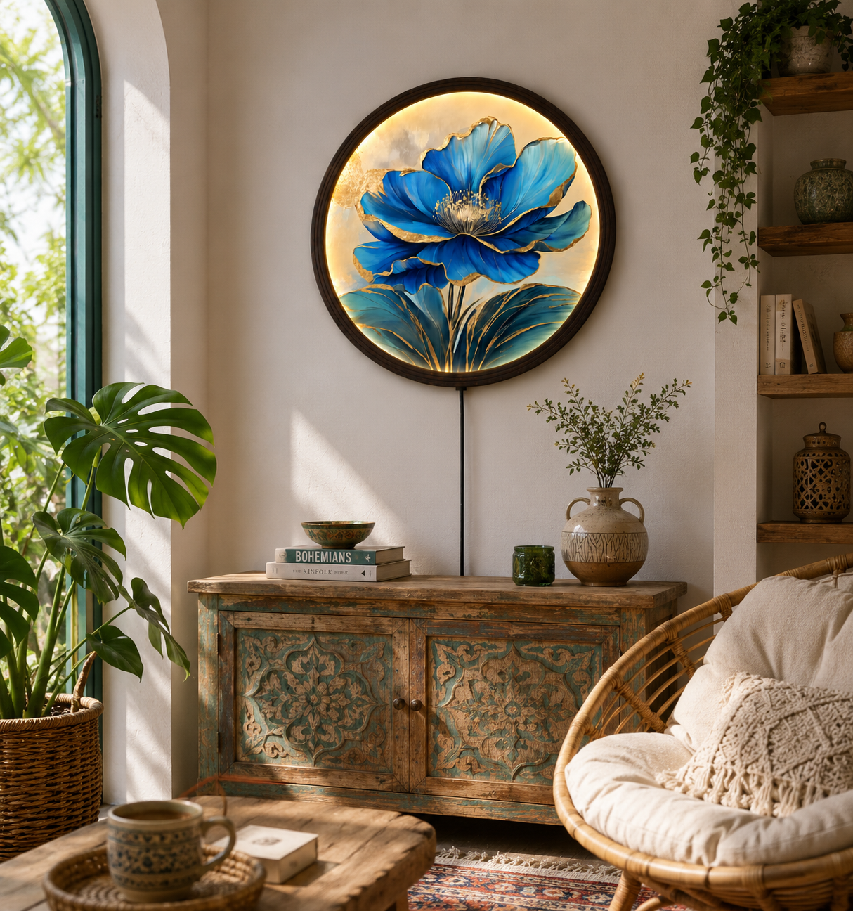Blue Gold Floral LED Wall Art – Round Illuminated Flower Wall Decor with Wooden Frame | Modern Home Decor