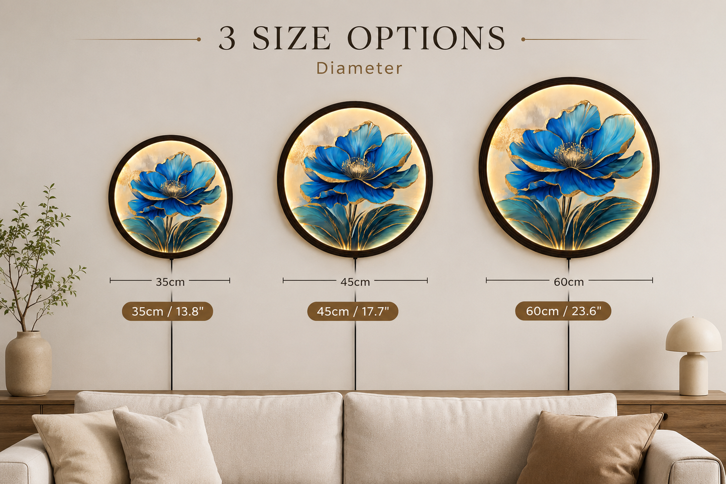 Blue Gold Floral LED Wall Art – Round Illuminated Flower Wall Decor with Wooden Frame | Modern Home Decor