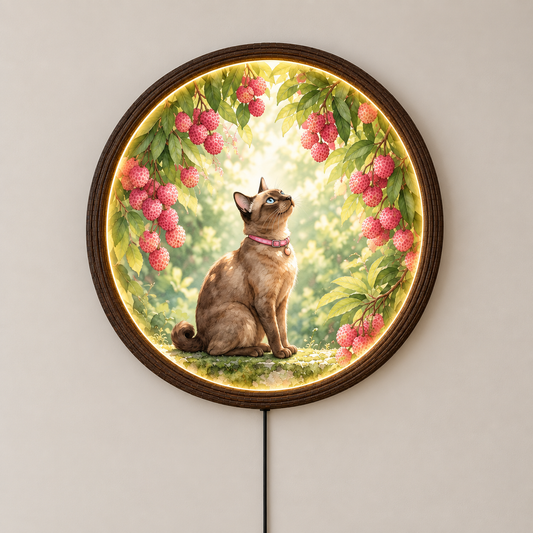 Raspberry Cat LED Wall Art – Round Illuminated Home Decor