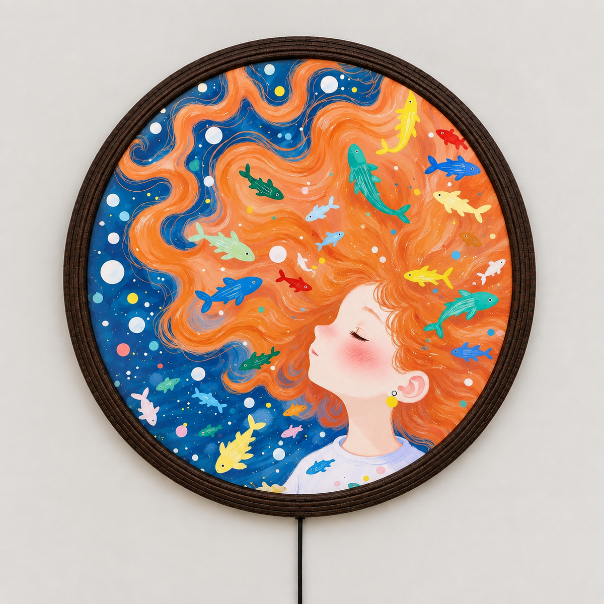 Mermaid Girl LED Wall Art – Round Illuminated Wall Decor