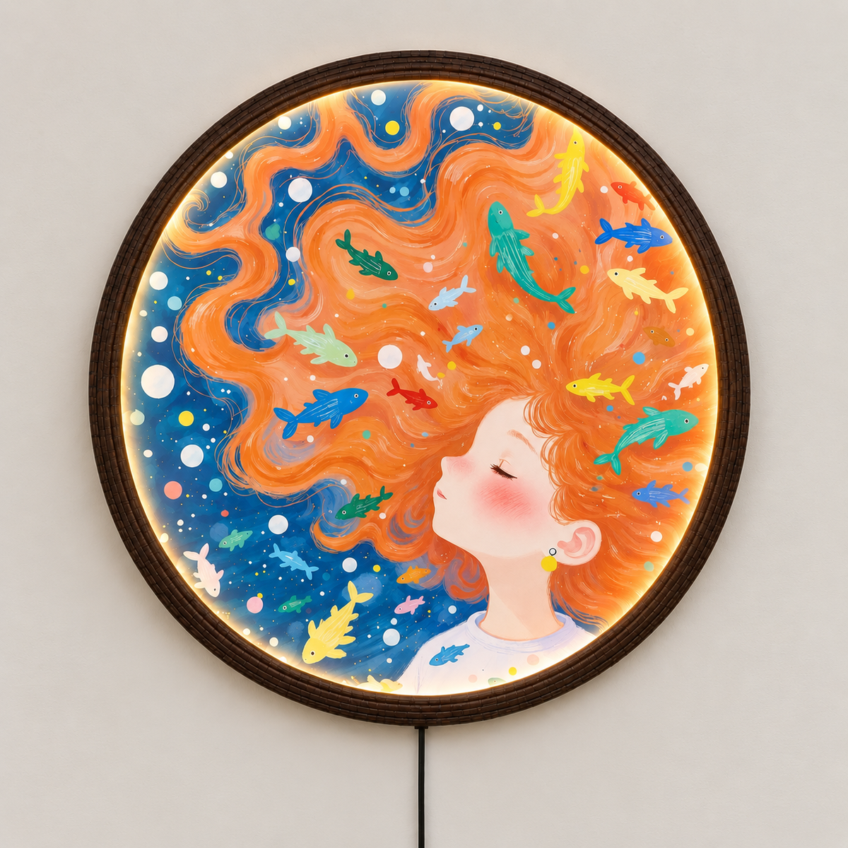 Mermaid Girl LED Wall Art – Round Illuminated Wall Decor