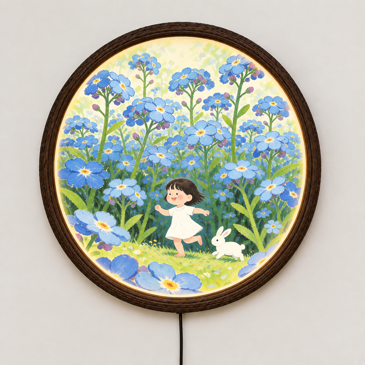 Blue Wildflower Girl & Bunny Round LED Wall Art – Whimsical Illuminated Home Decor