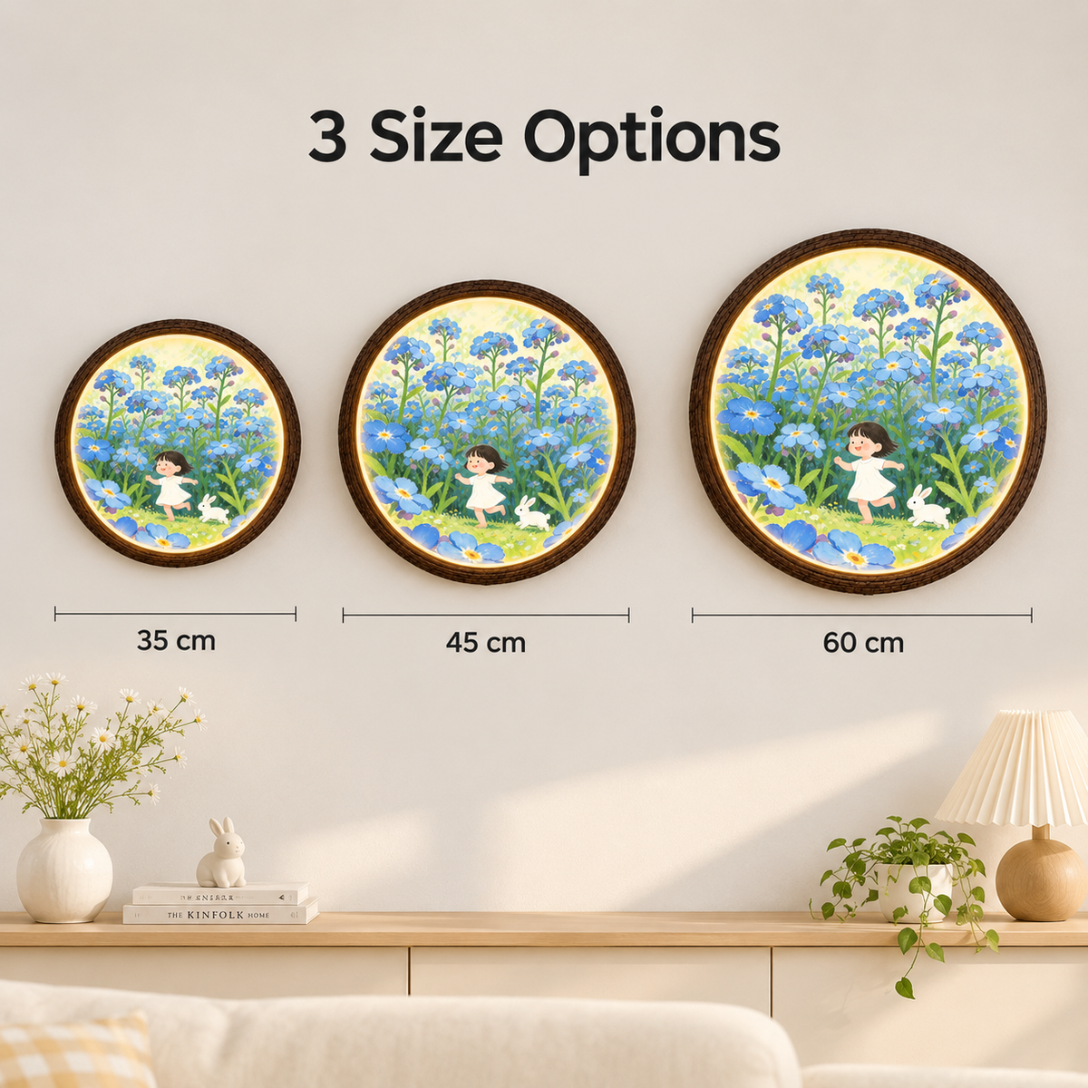 Blue Wildflower Girl & Bunny Round LED Wall Art – Whimsical Illuminated Home Decor