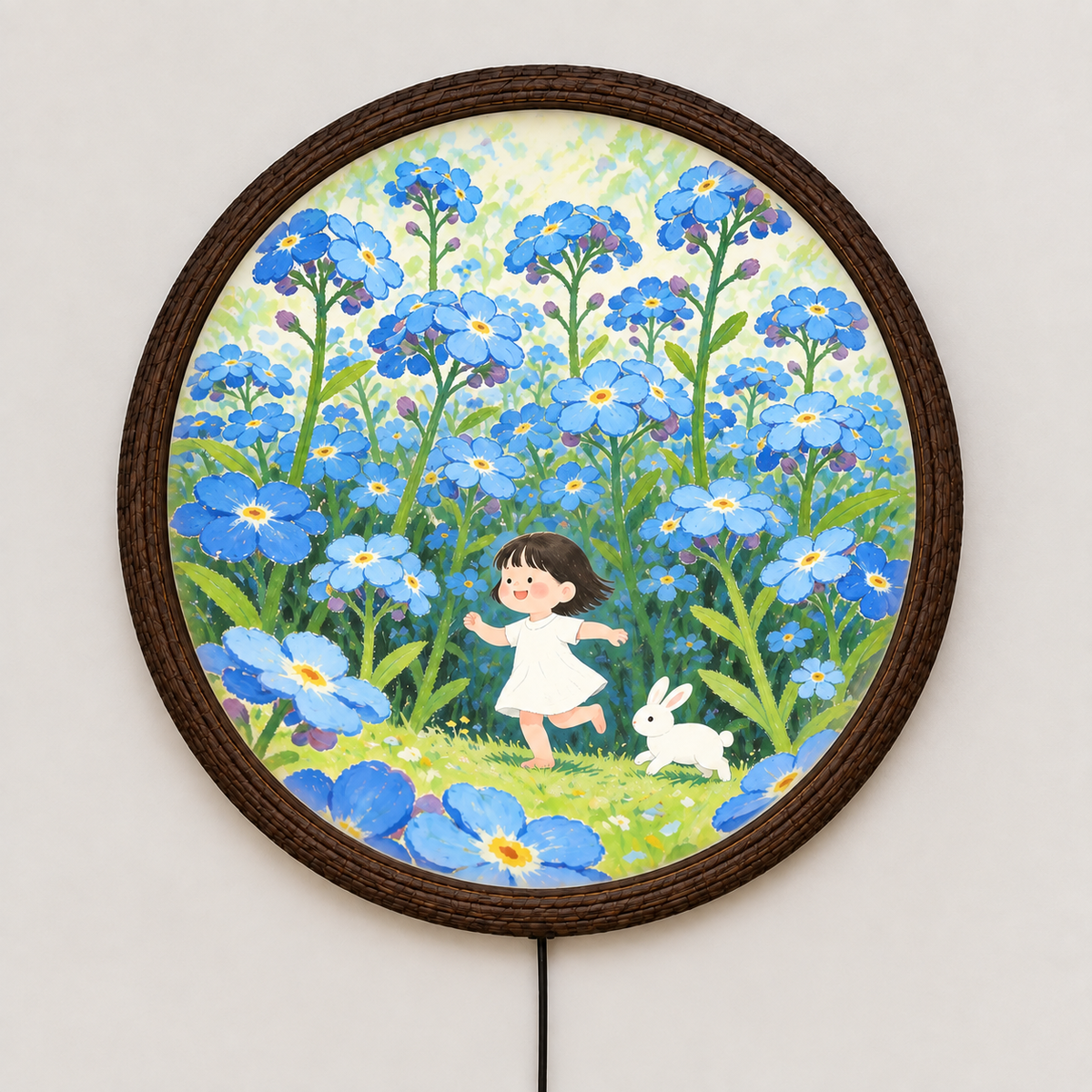 Blue Wildflower Girl & Bunny Round LED Wall Art – Whimsical Illuminated Home Decor