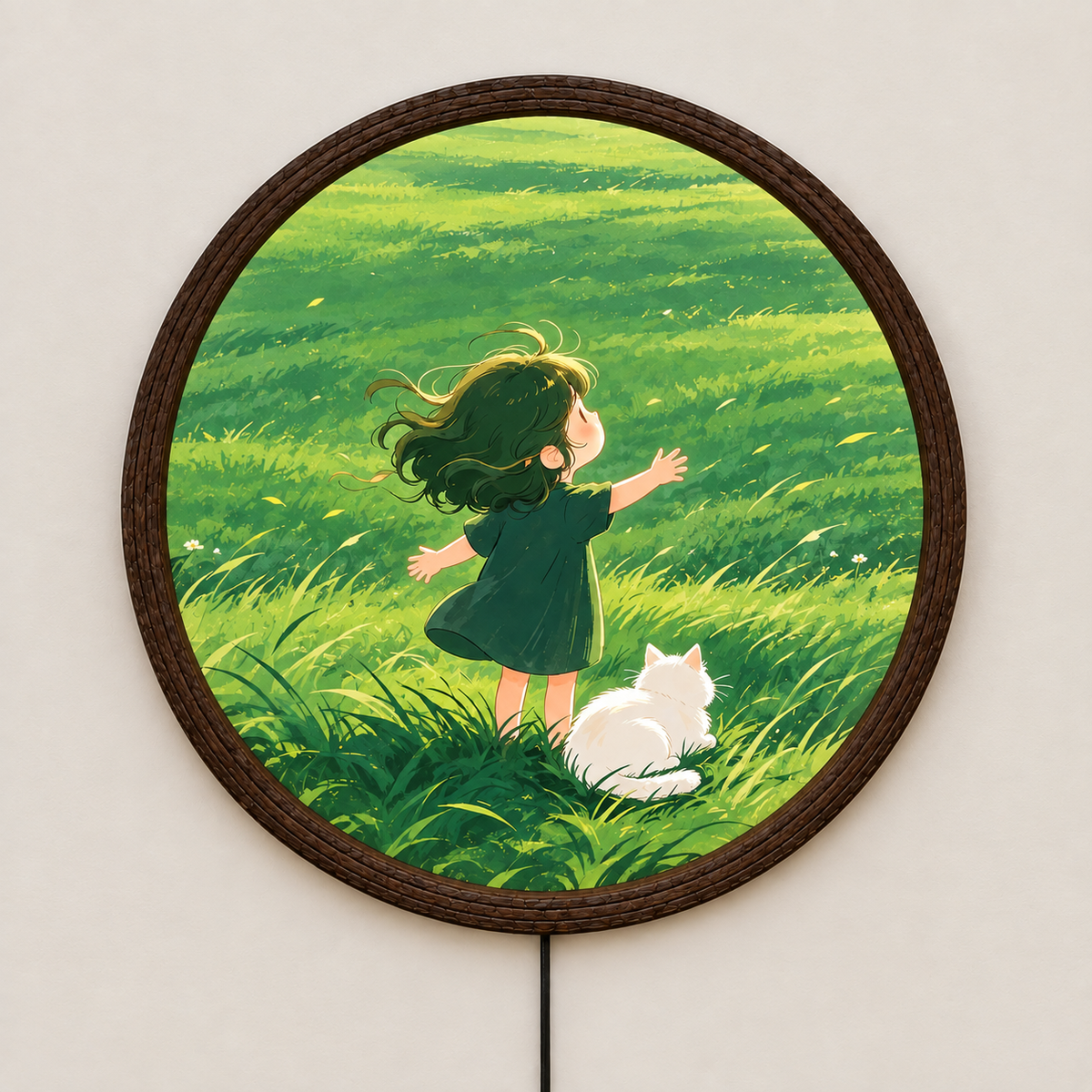 Whimsical Girl & Cat LED Wall Art – Round Illuminated Wall Decor