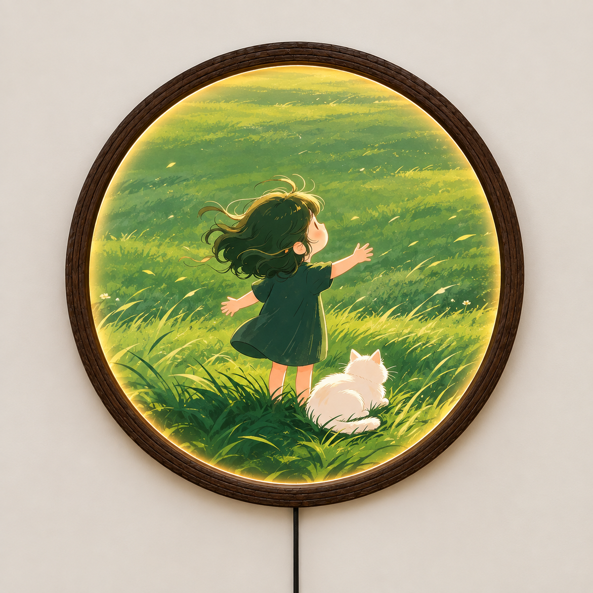 Whimsical Girl & Cat LED Wall Art – Round Illuminated Wall Decor