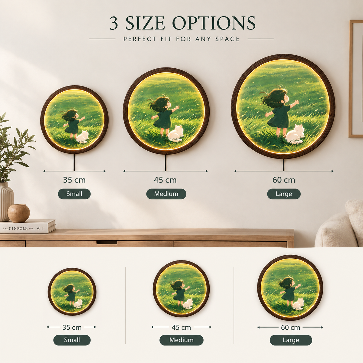 Whimsical Girl & Cat LED Wall Art – Round Illuminated Wall Decor