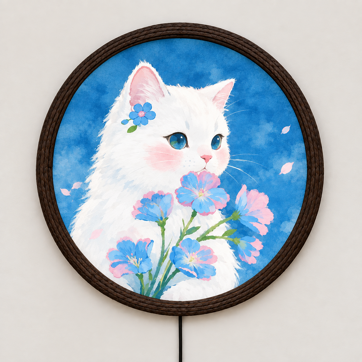 Whimsical White Cat & Blue Flowers LED Wall Art – Round Illuminated Wall Decor