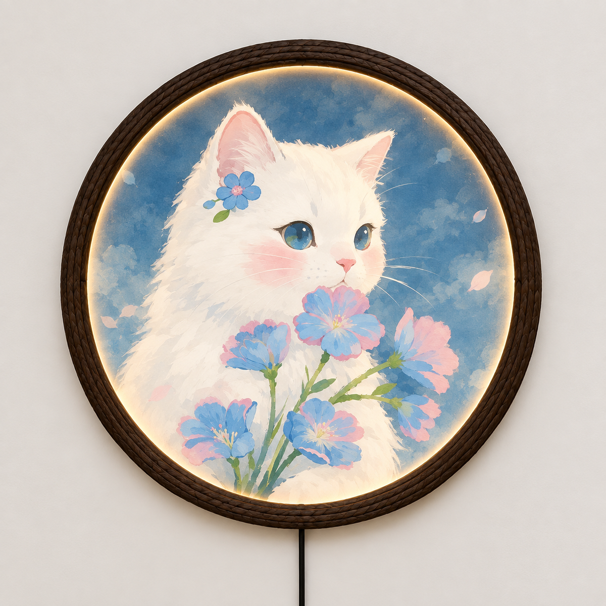 Whimsical White Cat & Blue Flowers LED Wall Art – Round Illuminated Wall Decor