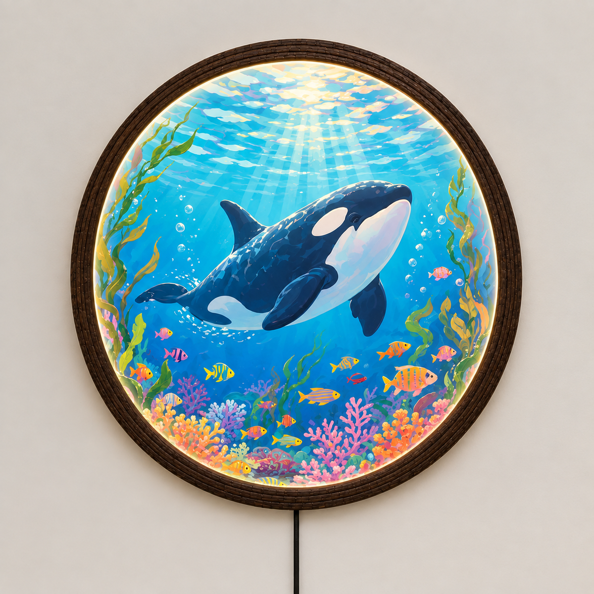 Orca Ocean LED Wall Art – Round Illuminated Coastal Wall Decor