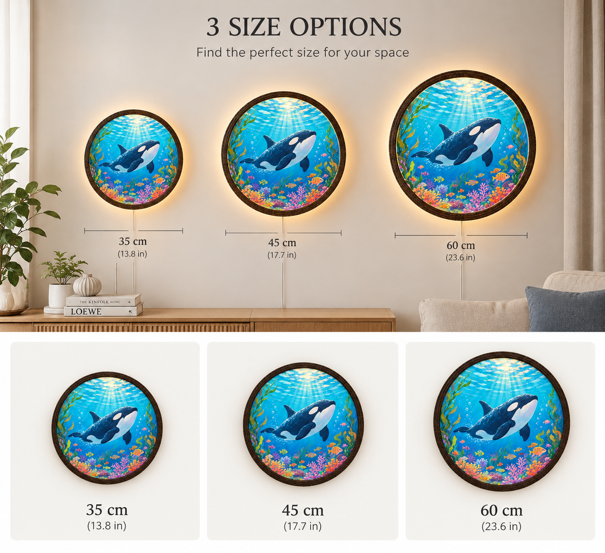 Orca Ocean LED Wall Art – Round Illuminated Coastal Wall Decor