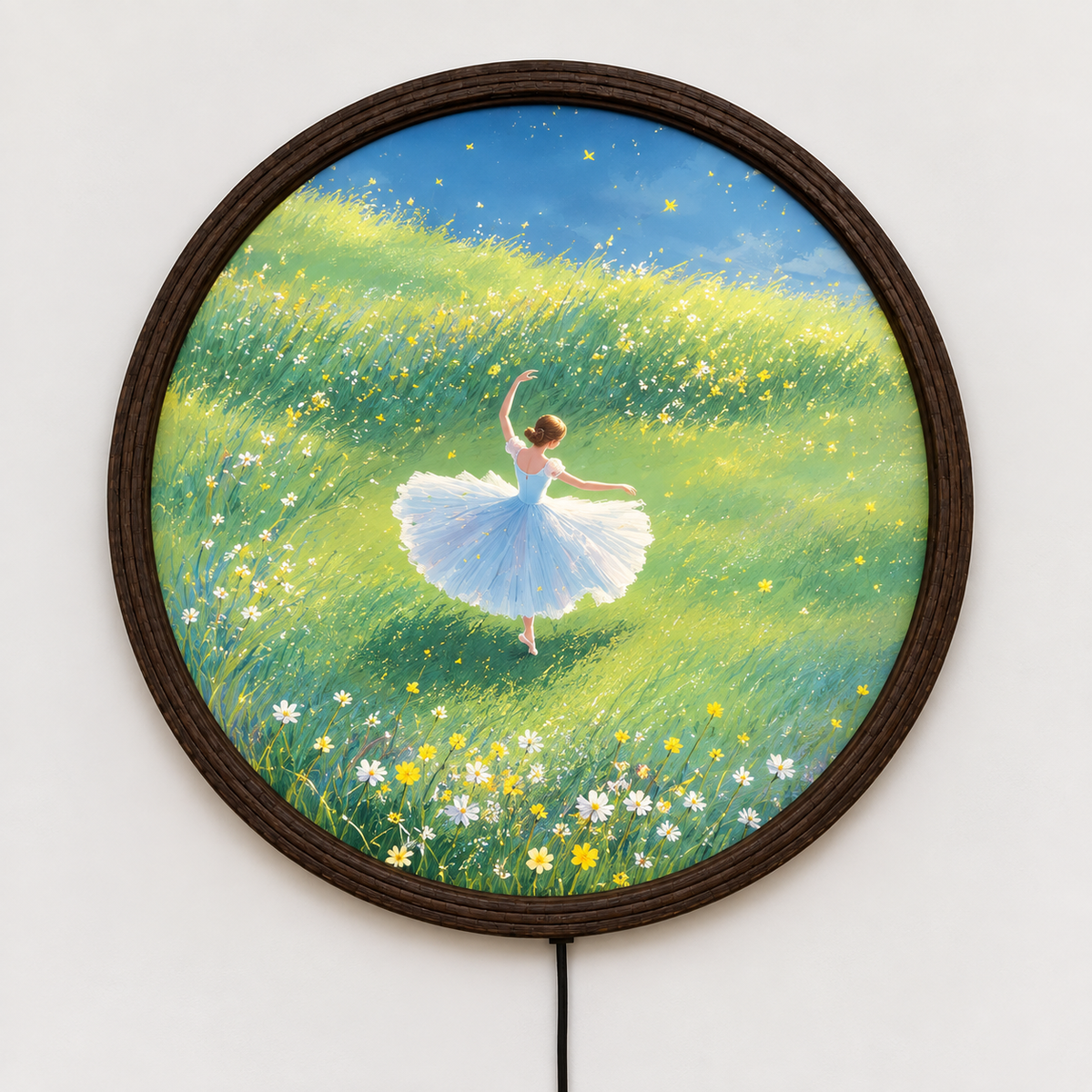 Whimsical Ballerina Meadow LED Wall Art – Round Illuminated Wall Decor