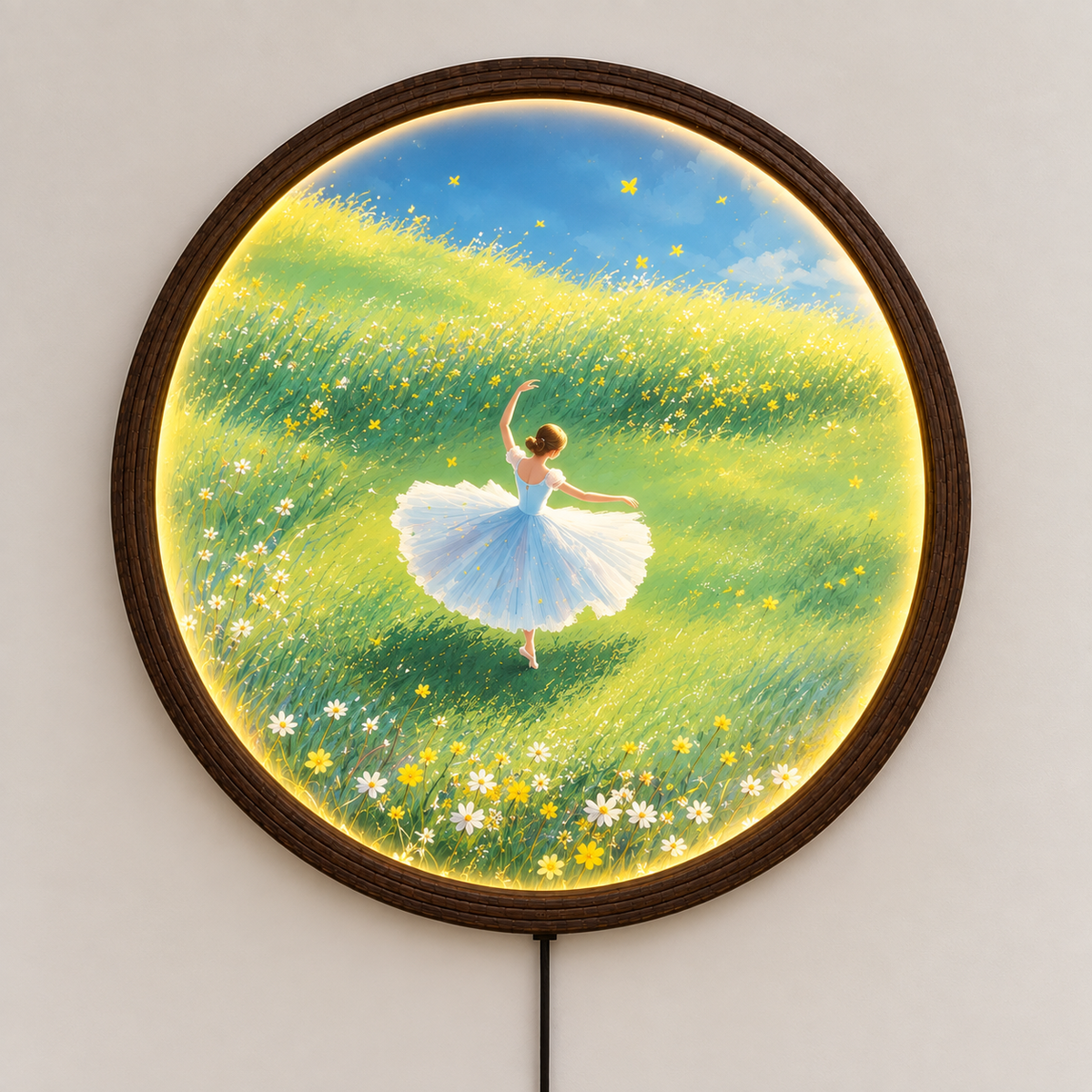 Whimsical Ballerina Meadow LED Wall Art – Round Illuminated Wall Decor