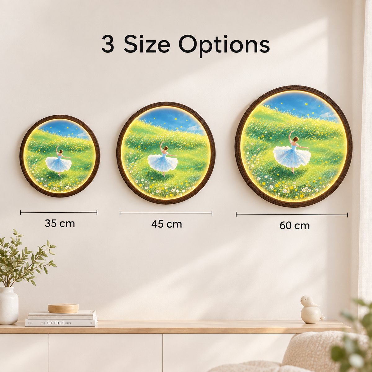 Whimsical Ballerina Meadow LED Wall Art – Round Illuminated Wall Decor