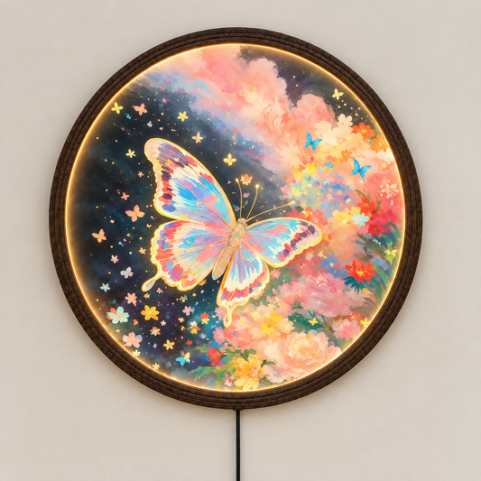 Colorful Butterfly Floral LED Wall Art – Round Illuminated Wall Decor