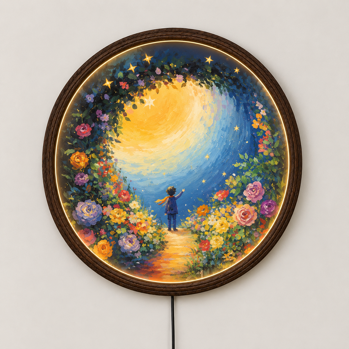 Floral Moon Garden Round LED Wall Art Lamp – Illuminated Wall Decor