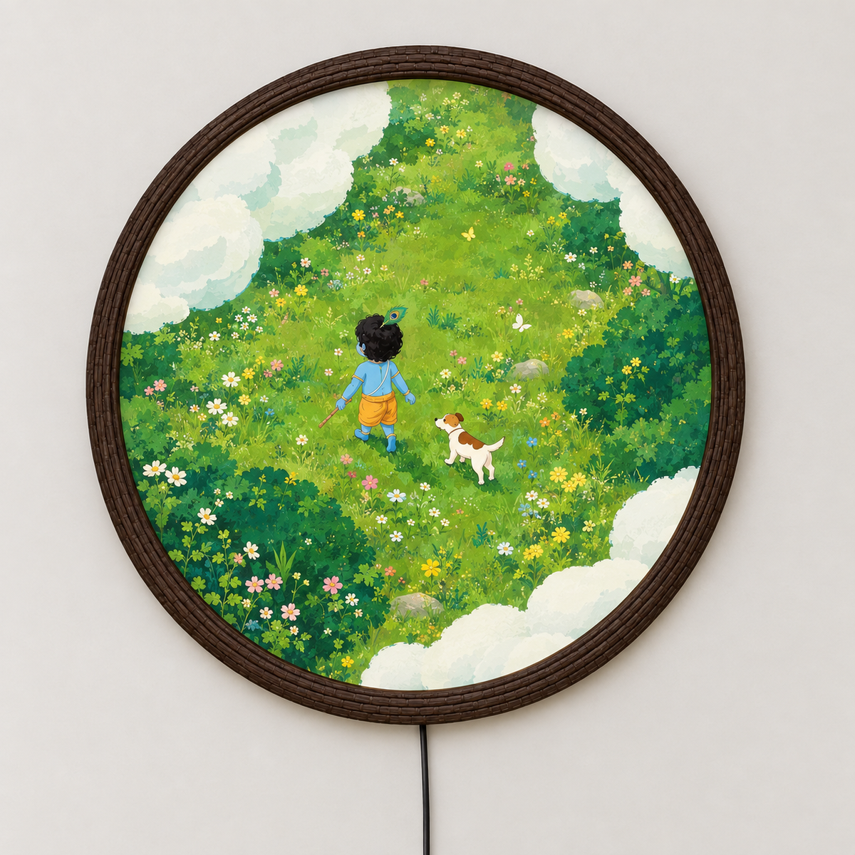 Whimsical Forest Boy & Dog LED Round Wall Art – Illuminated Nature Wall Decor