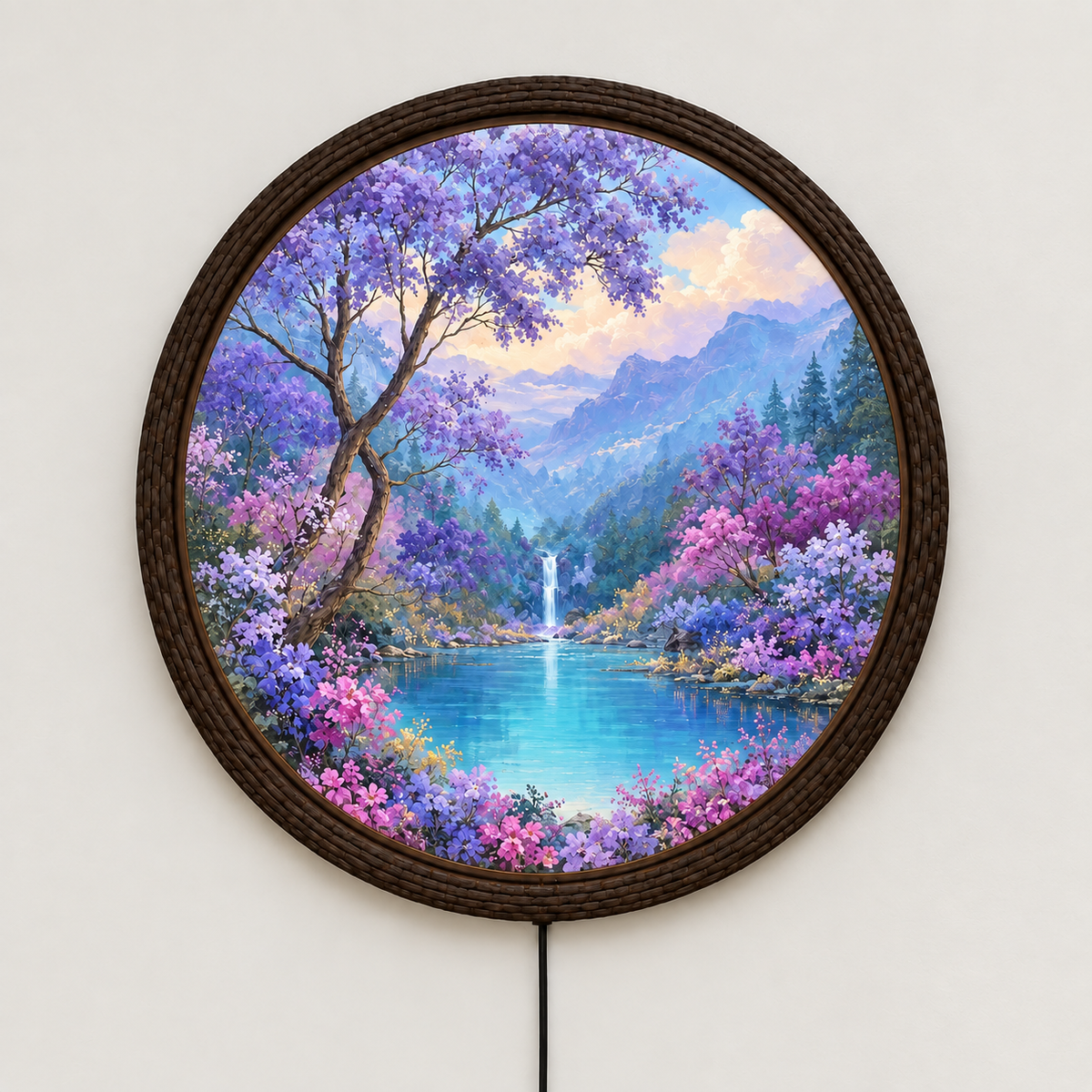 Enchanted Purple Blossom Mountain Lake LED Wall Art – Round Illuminated Wall Decor