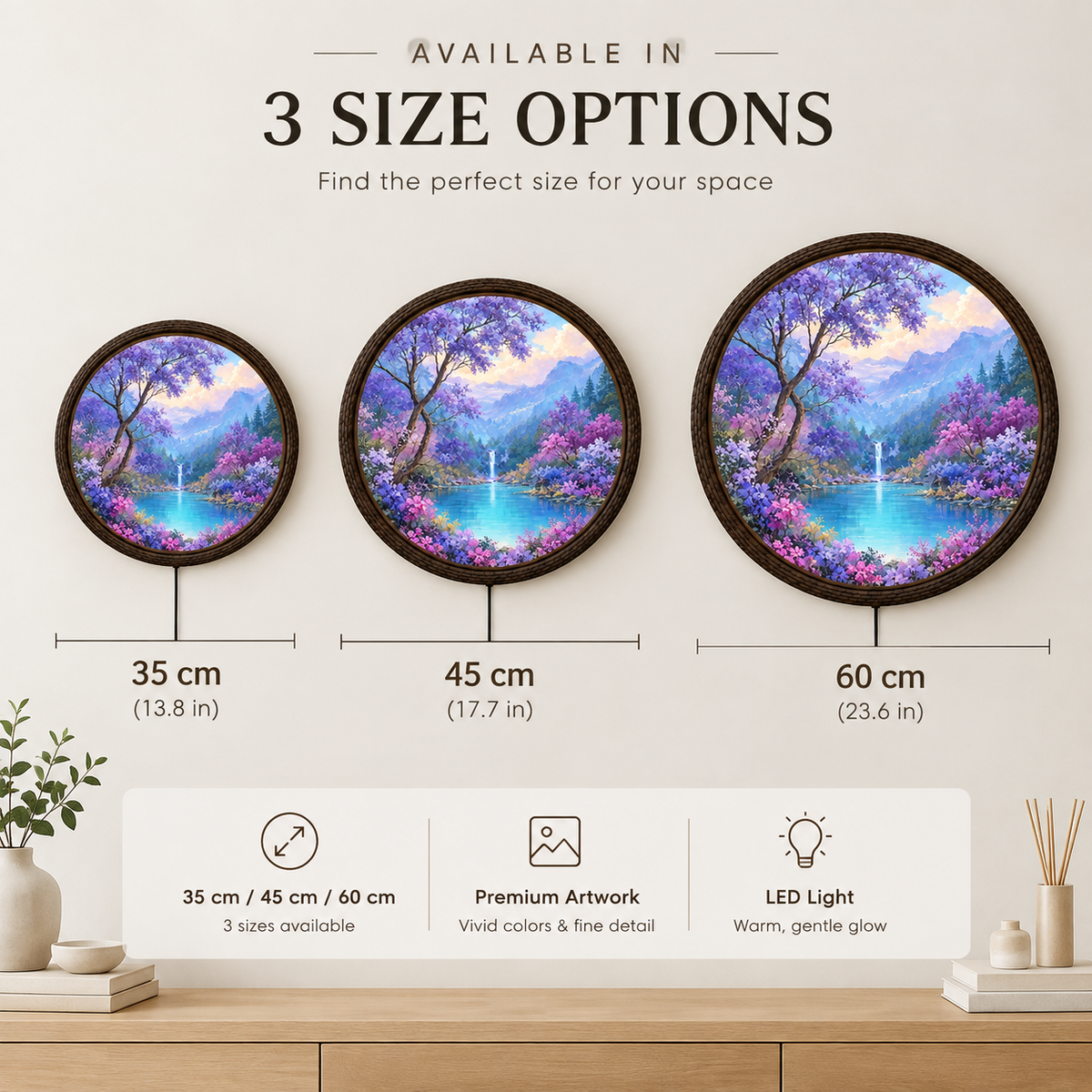 Enchanted Purple Blossom Mountain Lake LED Wall Art – Round Illuminated Wall Decor