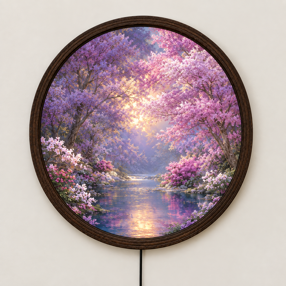 Purple Blossom Garden Round LED Wall Art – Illuminated Floral Wall Decor