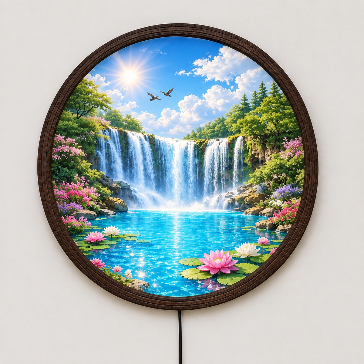 Waterfall Landscape LED Wall Art – Round Illuminated Home Decor