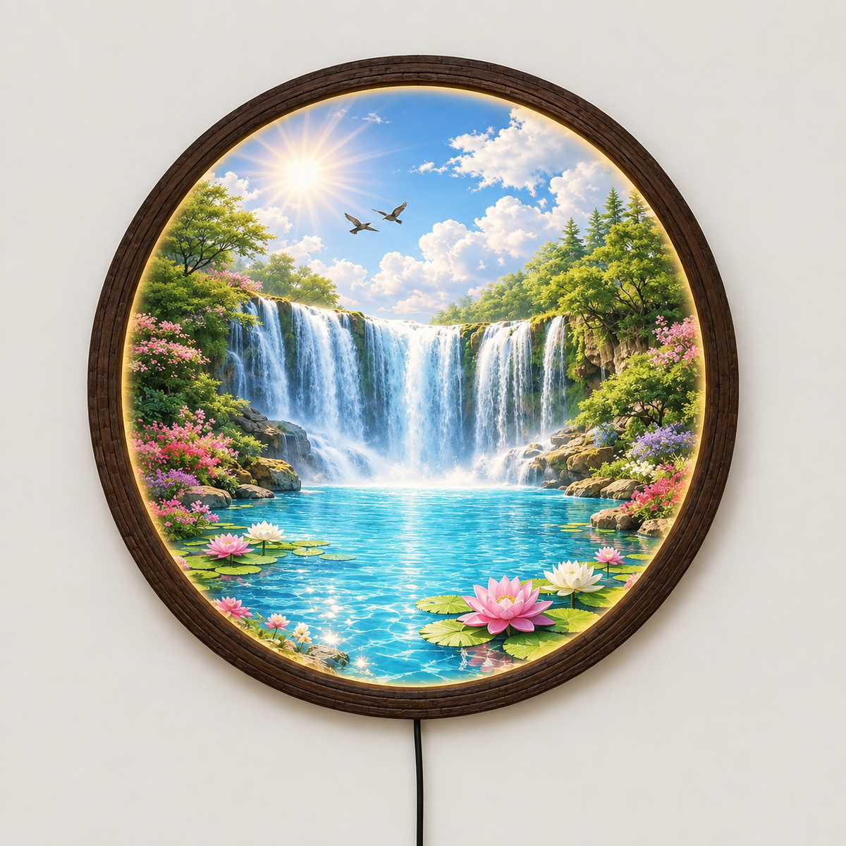 Waterfall Landscape LED Wall Art – Round Illuminated Home Decor