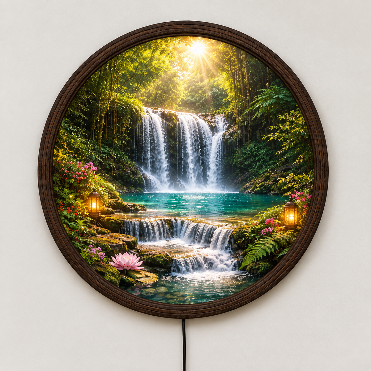 Waterfall Forest LED Wall Art – Round Illuminated Nature Wall Decor
