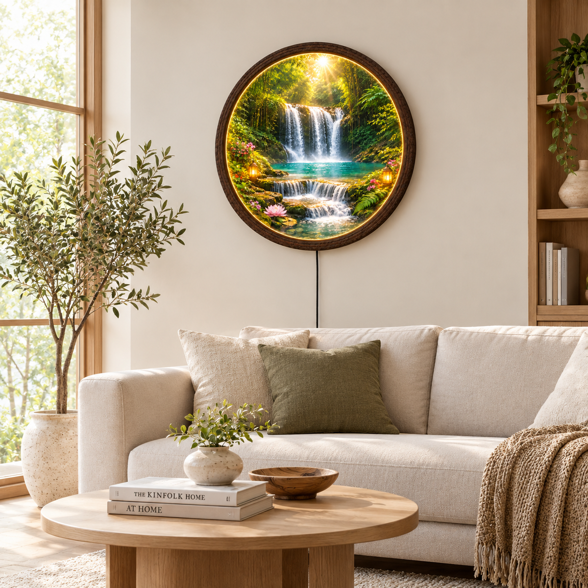 Waterfall Forest LED Wall Art – Round Illuminated Nature Wall Decor