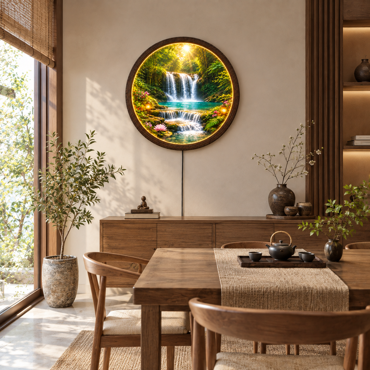 Waterfall Forest LED Wall Art – Round Illuminated Nature Wall Decor
