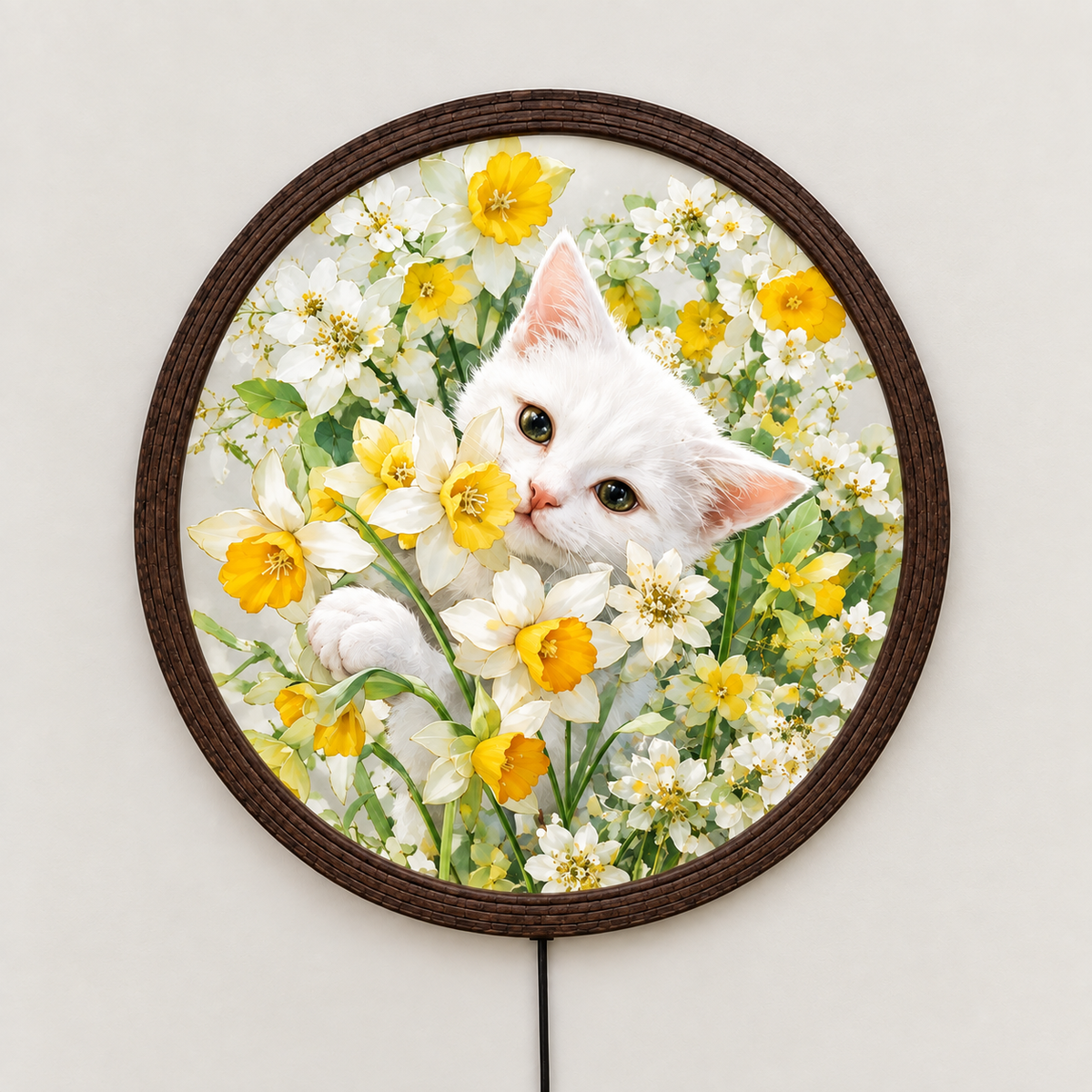 Floral Cat LED Wall Art – Round Illuminated Wall Decor, Cozy Home Accent