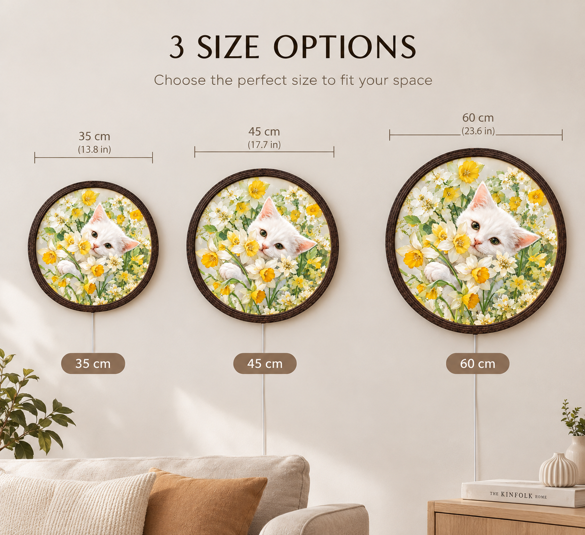 Floral Cat LED Wall Art – Round Illuminated Wall Decor, Cozy Home Accent