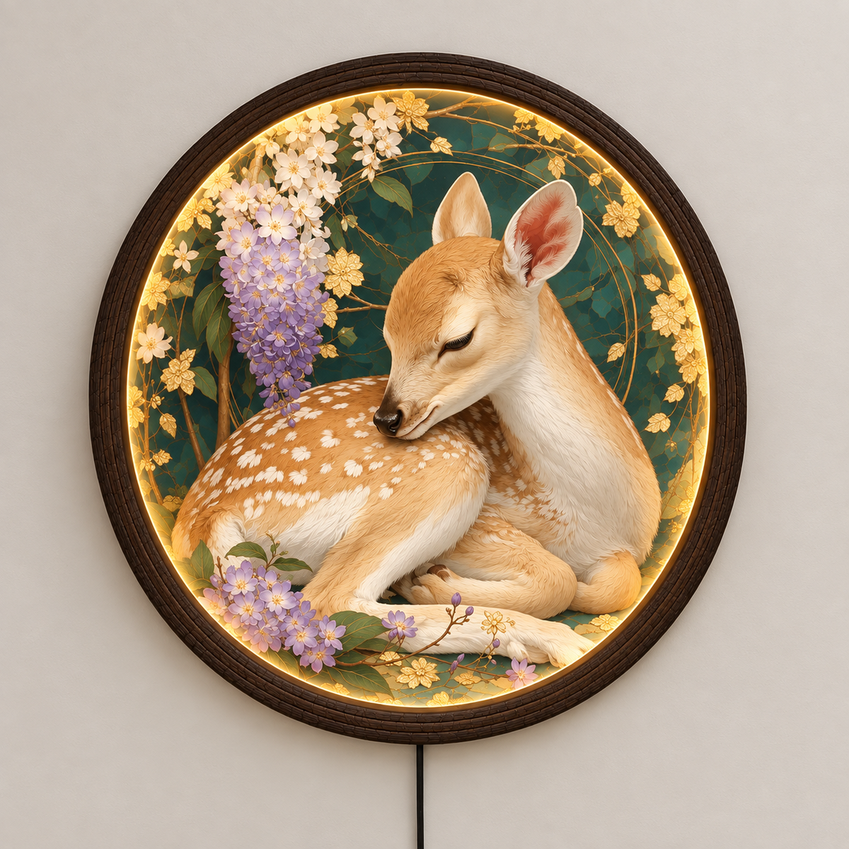 Floral Deer LED Wall Art – Round Illuminated Nature Wall Decor