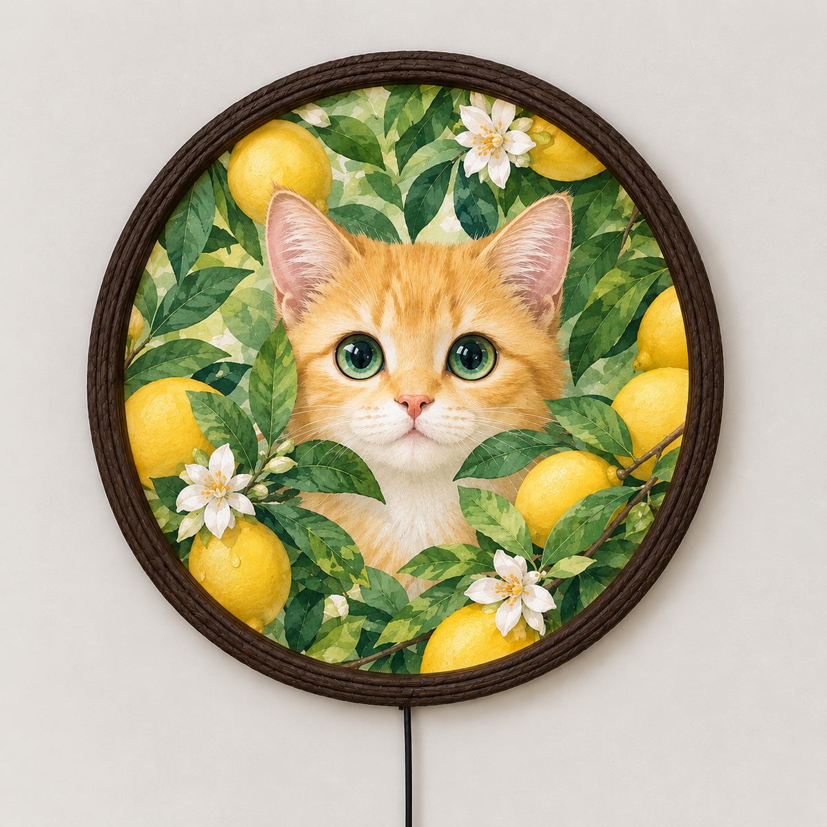 Orange Cat Lemon Garden Round LED Wall Art – Illuminated Cat Wall Decor