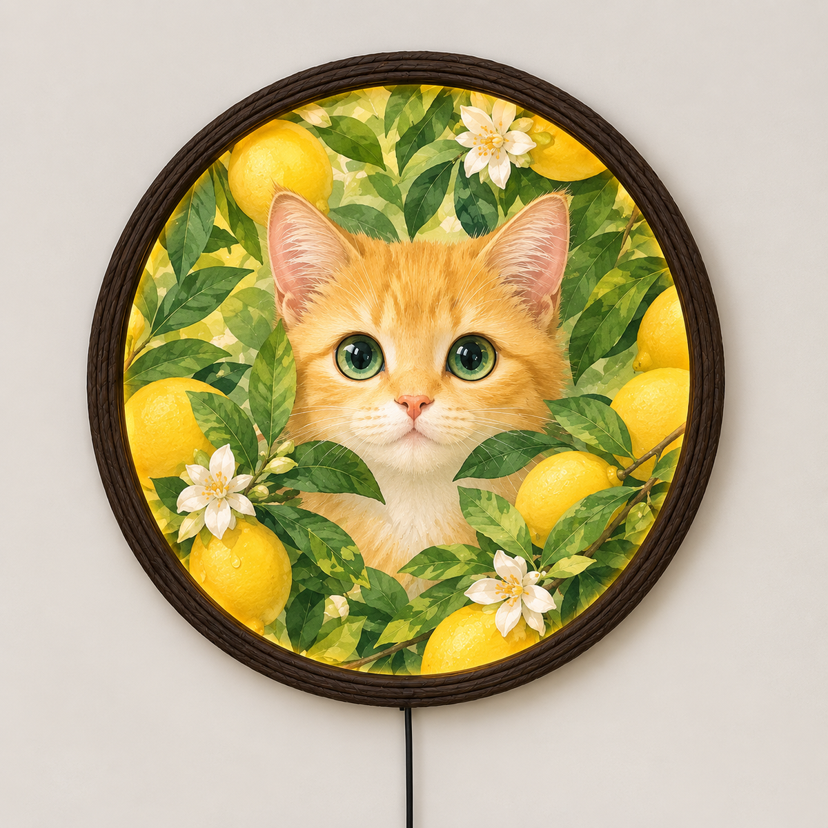 Orange Cat Lemon Garden Round LED Wall Art – Illuminated Cat Wall Decor