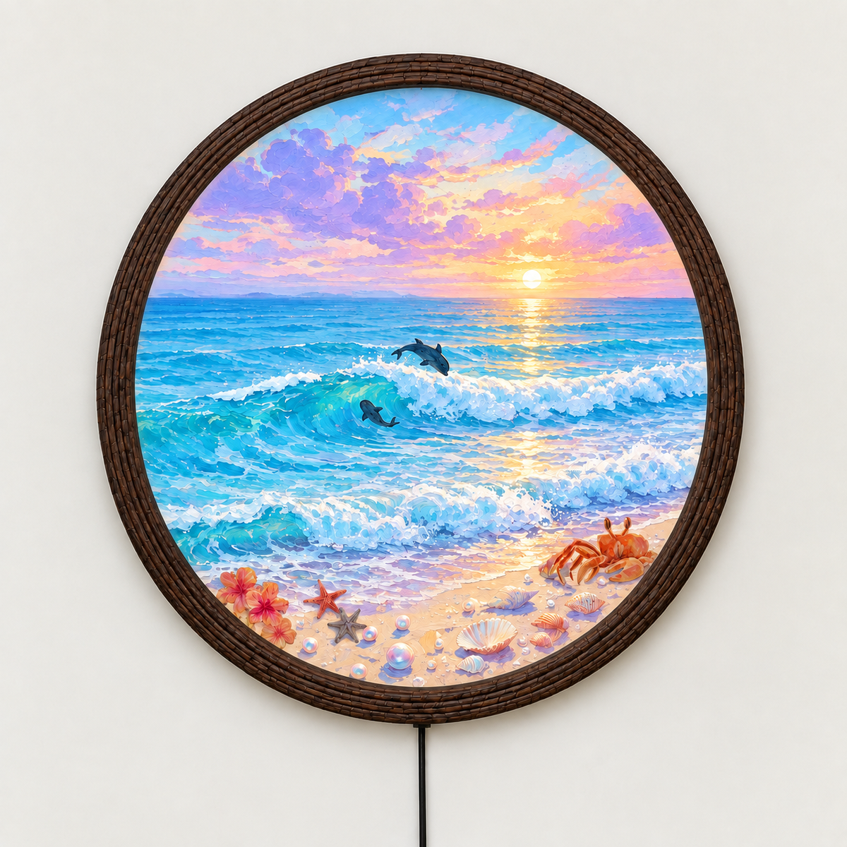 Coastal Sunset LED Wall Art – Round Ocean Wall Decor with Dolphins & Sea Life