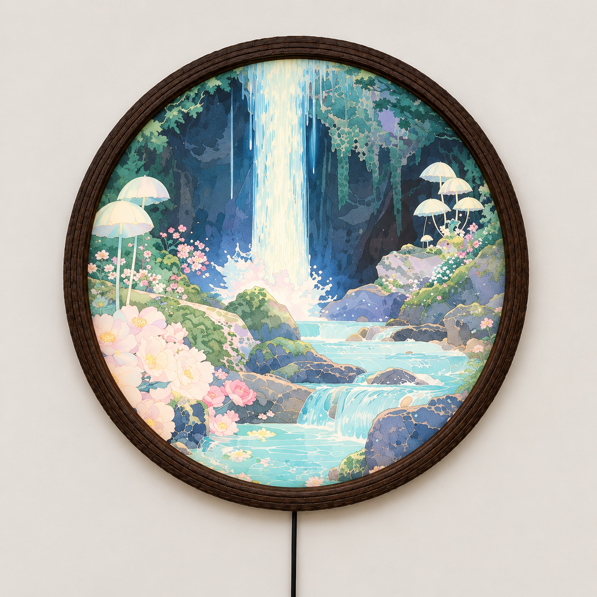 Illuminated Waterfall Wall Art – Round LED Nature Wall Decor