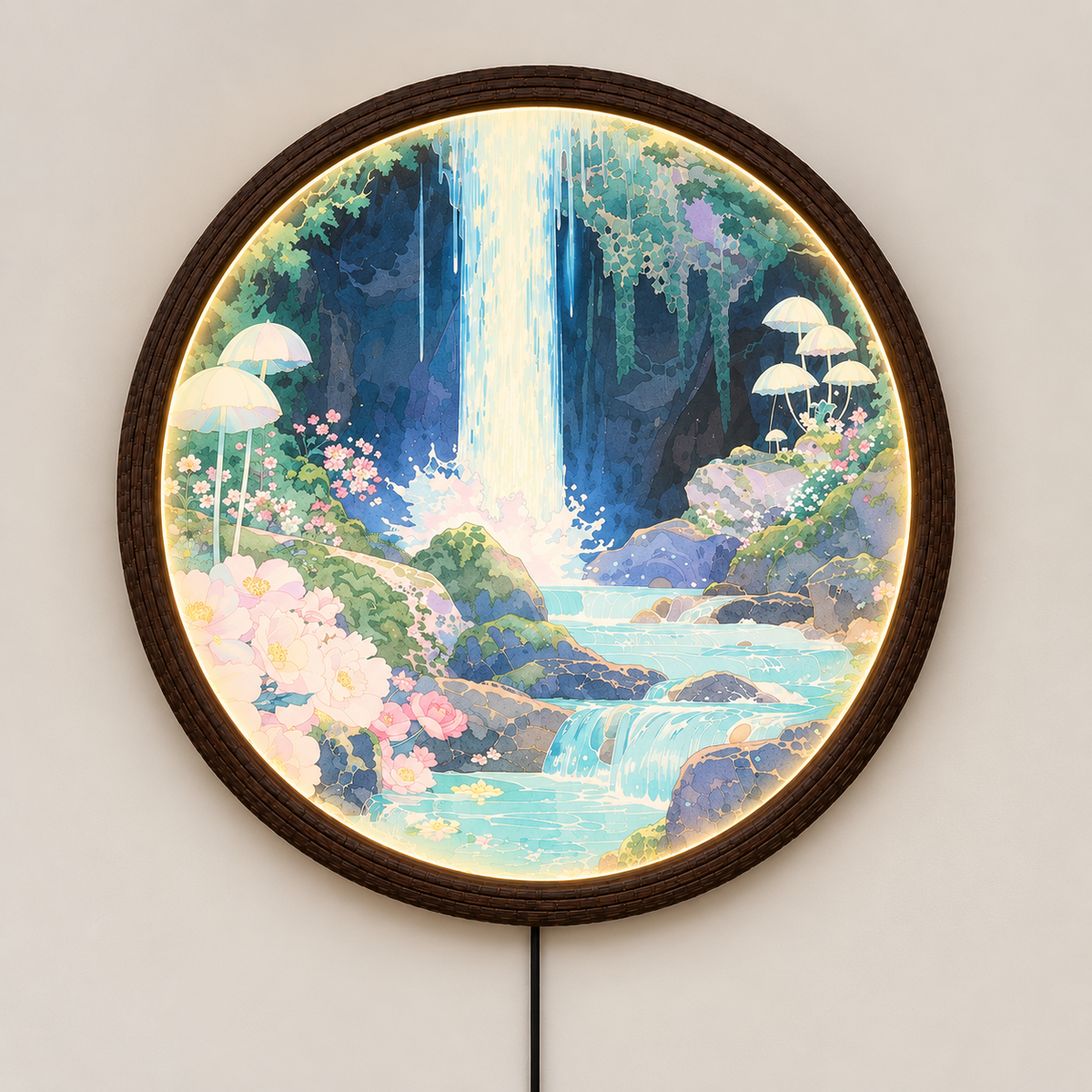 Illuminated Waterfall Wall Art – Round LED Nature Wall Decor