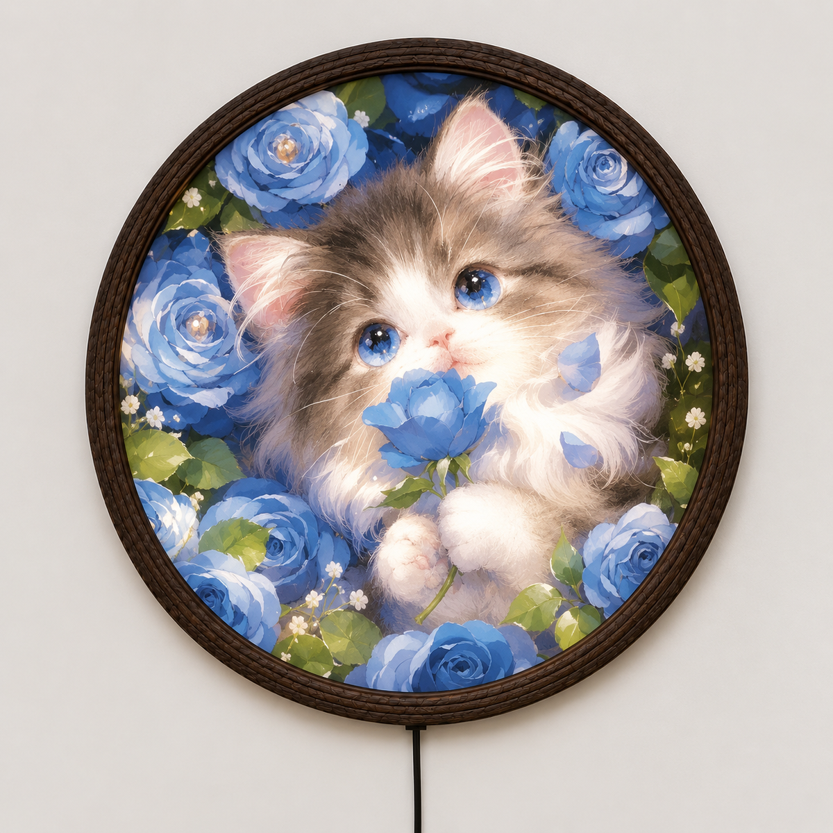 Blue Floral Cat LED Wall Art – Round Illuminated Home Decor