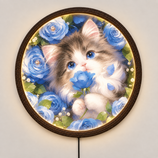 Blue Floral Cat LED Wall Art – Round Illuminated Home Decor