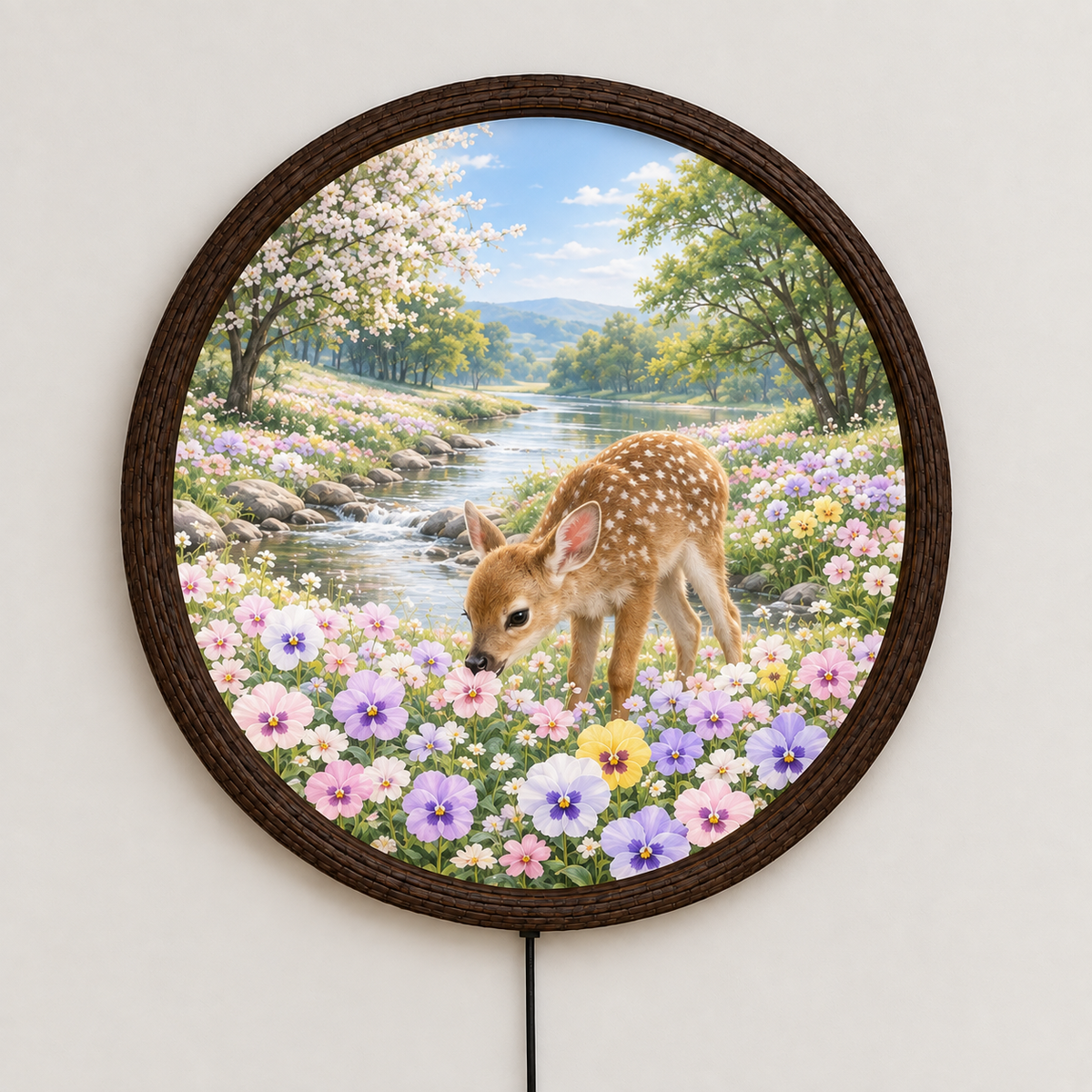 Enchanted Deer & Wildflower LED Wall Art – Round Nature-Inspired Home Decor