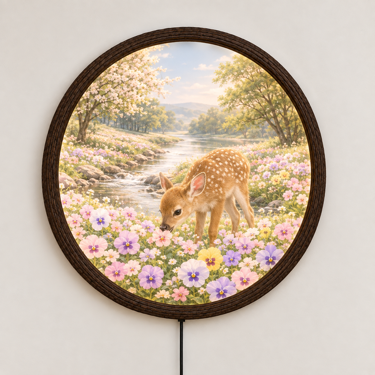 Enchanted Deer & Wildflower LED Wall Art – Round Nature-Inspired Home Decor