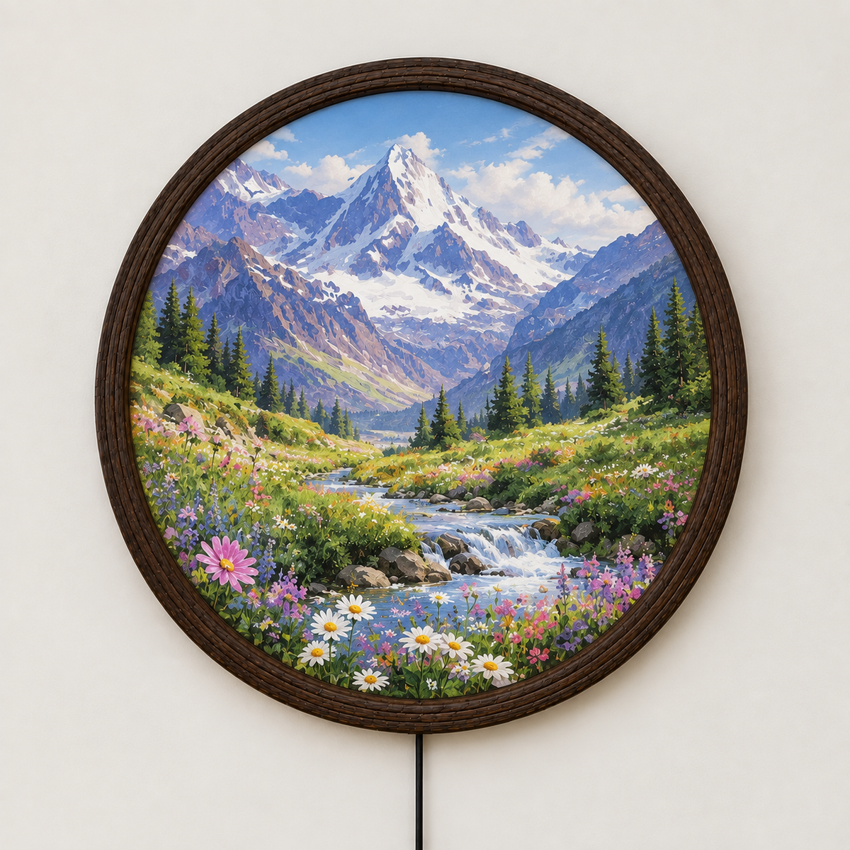 Illuminated Mountain Landscape LED Wall Art – Round Wooden Frame