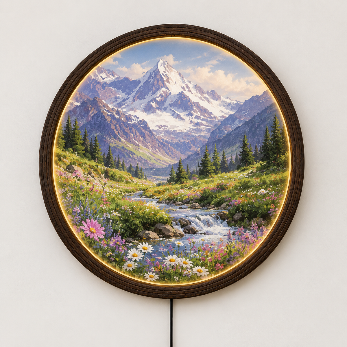 Illuminated Mountain Landscape LED Wall Art – Round Wooden Frame