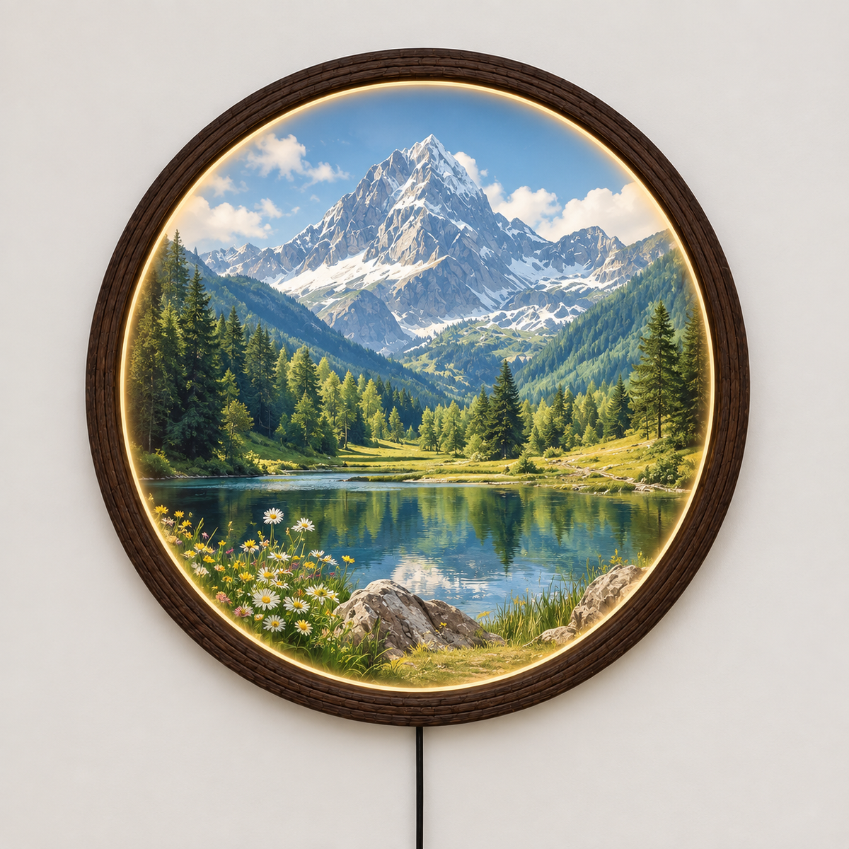 Mountain Lake LED Wall Art – Round Wooden Frame | Illuminated Nature Wall Decor