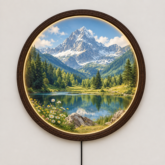 Mountain Lake LED Wall Art – Round Wooden Frame | Illuminated Nature Wall Decor