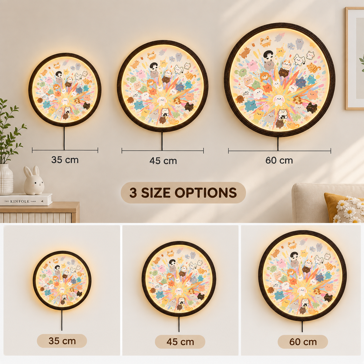 Cute Cartoon Animals Illuminated Round Wall Art – LED Ambient Night Light