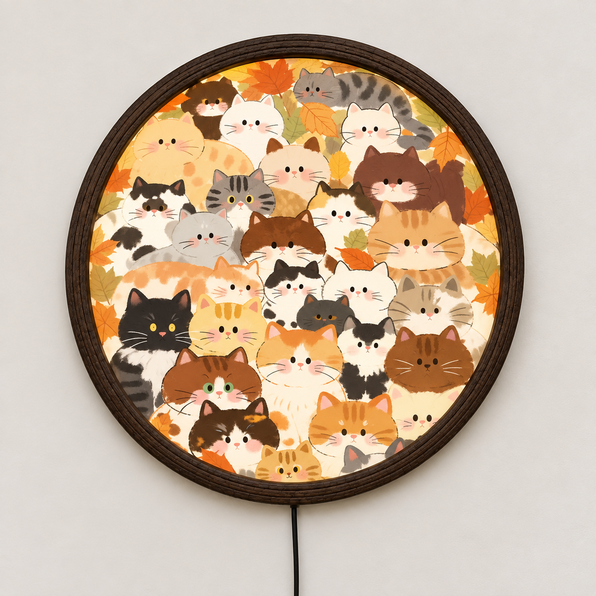 Autumn Cat LED Wall Art – Round Illuminated Cat Wall Decor