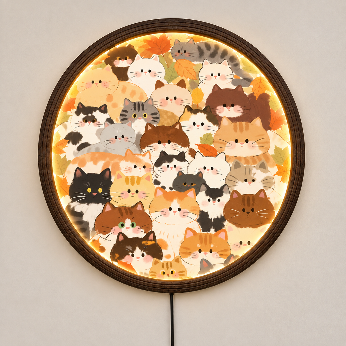 Autumn Cat LED Wall Art – Round Illuminated Cat Wall Decor