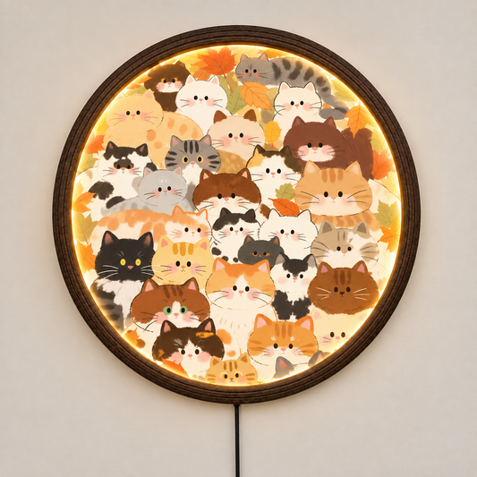 Autumn Cat LED Wall Art – Round Illuminated Cat Wall Decor